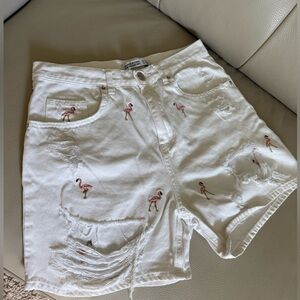 Zara Ripped Flamingo Embroidered Denim Shorts Size 6